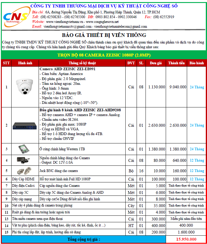 Trọn Bộ 08 Camera AHD ZEISIC ZEI-EB991 (2.0MP)