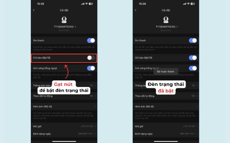 cách bật lại đèn camera Ezviz