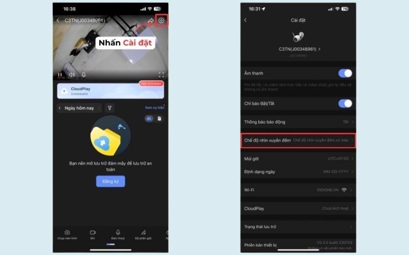 chọn mục Chế độ nhìn xuyên đêm