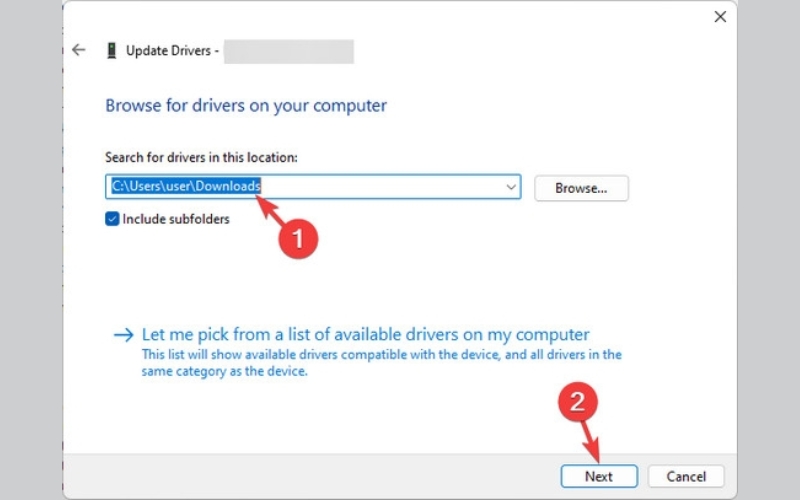 trỏ đến thư mục chứa driver và chọn Next