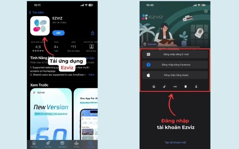 Mở ứng dụng Ezviz và đăng nhập