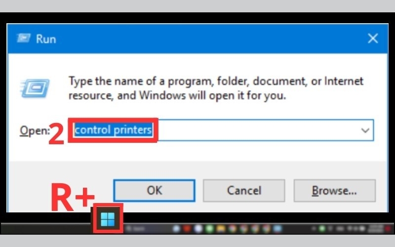 nhập control printers rồi bấm OK