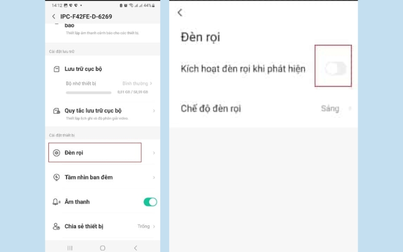 gạt nút tắt mục Kích hoạt đèn rọi khi phát hiện