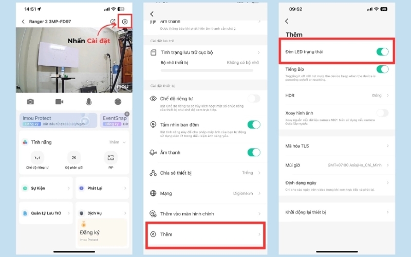 mở menu Đèn LED trạng thái