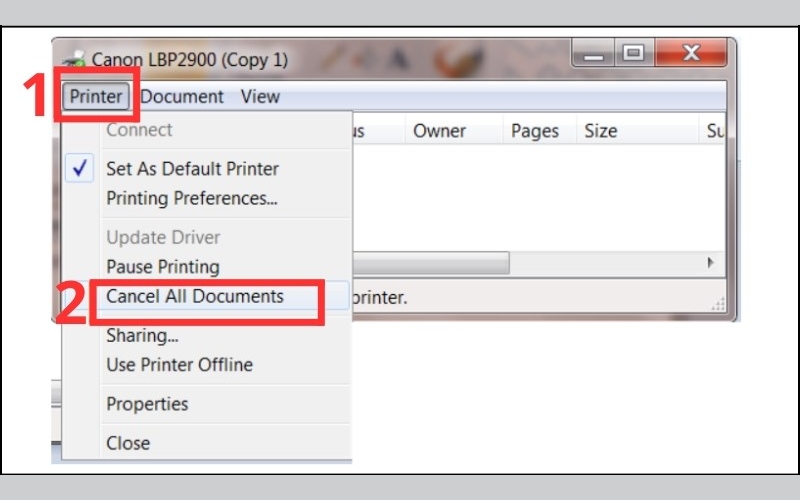 vào menu Printer và chọn Cancel All Documents