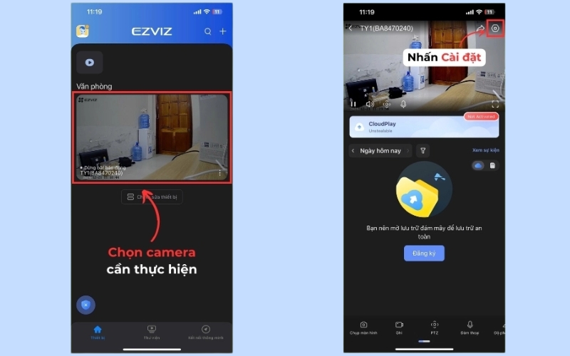 Chọn camera cần điều chỉnh và mở menu cài đặt
