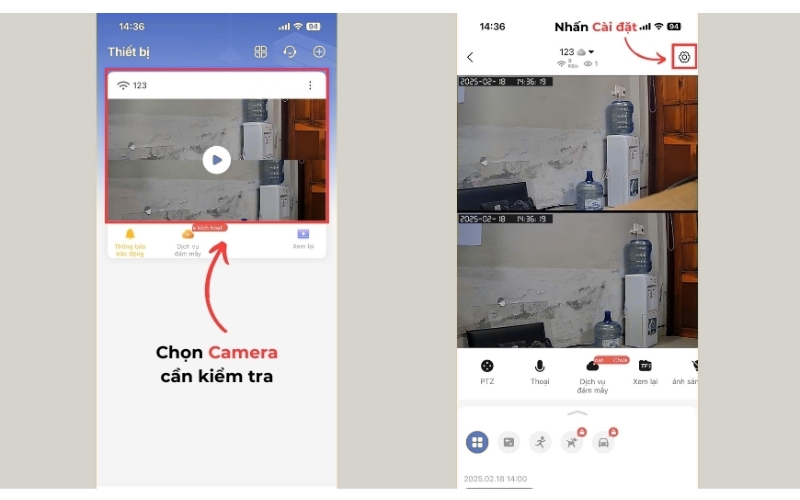 Chọn camera cần điều chỉnh và mở menu cài đặt