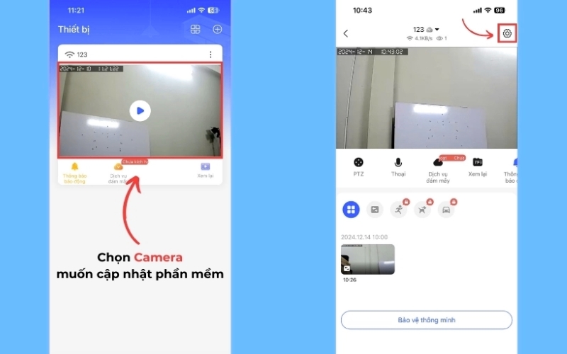 Chọn camera đang gặp sự cố và mở menu cài đặt