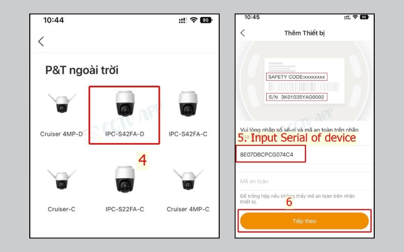 Chọn model camera và nhập số seri