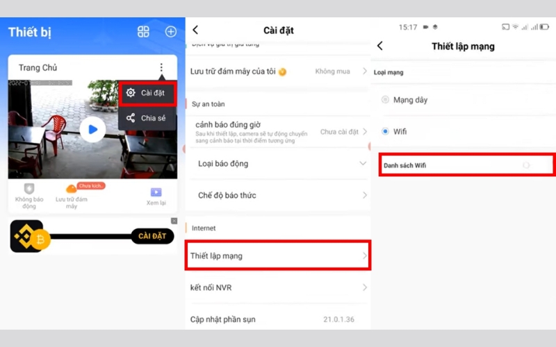mở mục Thiết lập mạng và nhấn vào Danh sách Wifi