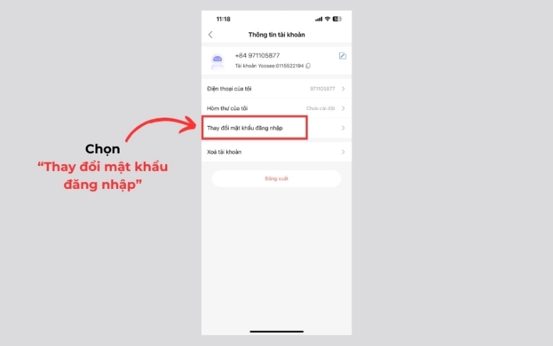 chọn chức năng Thay đổi mật khẩu đăng nhập