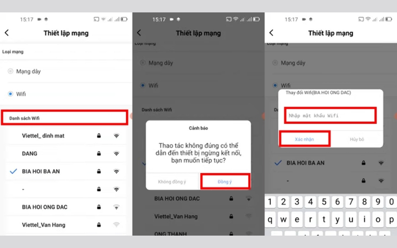 Chọn mạng WiFi mới và nhập mật khẩu 