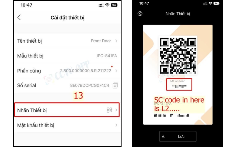 Xem mã Safety Code trong mục Nhãn thiết bị