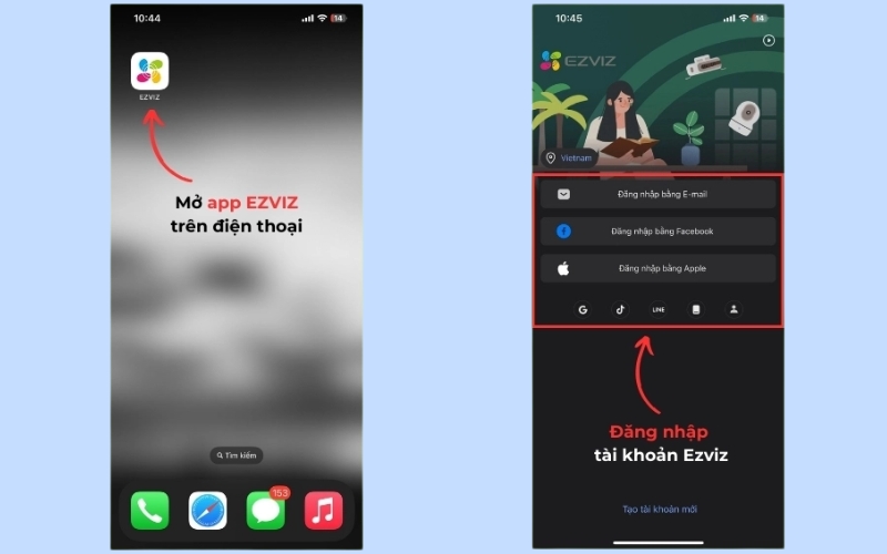 Mở ứng dụng Ezviz và đăng nhập tài khoản