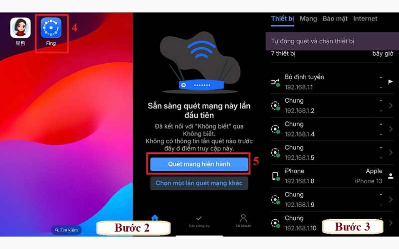 Mở ứng dụng và tiến hành quét mạng WiFi