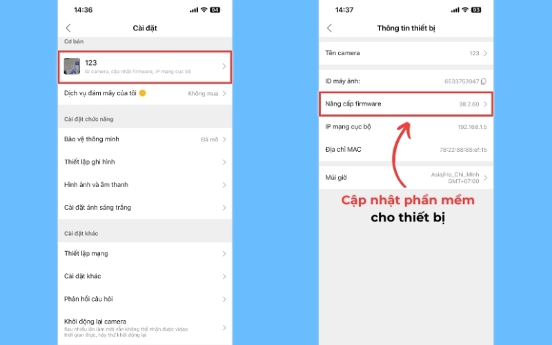 Chọn mục Thông tin thiết bị và nhấn vào Nâng cấp firmware
