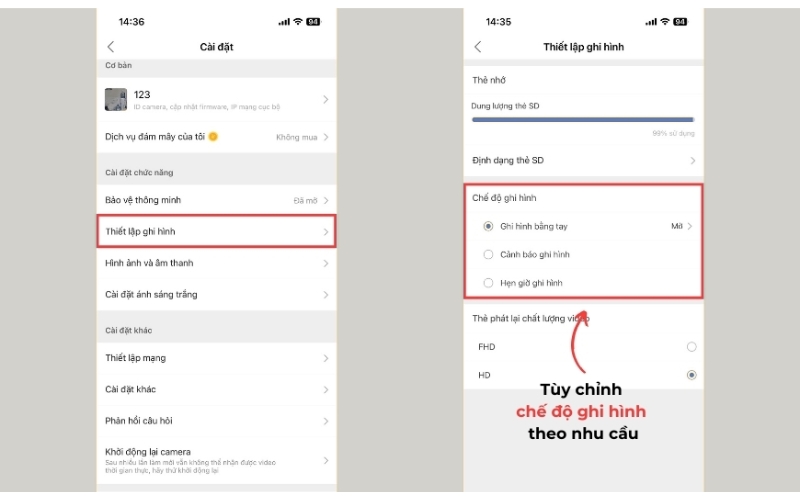Thiết lập chế độ ghi hình theo nhu cầu sử dụng