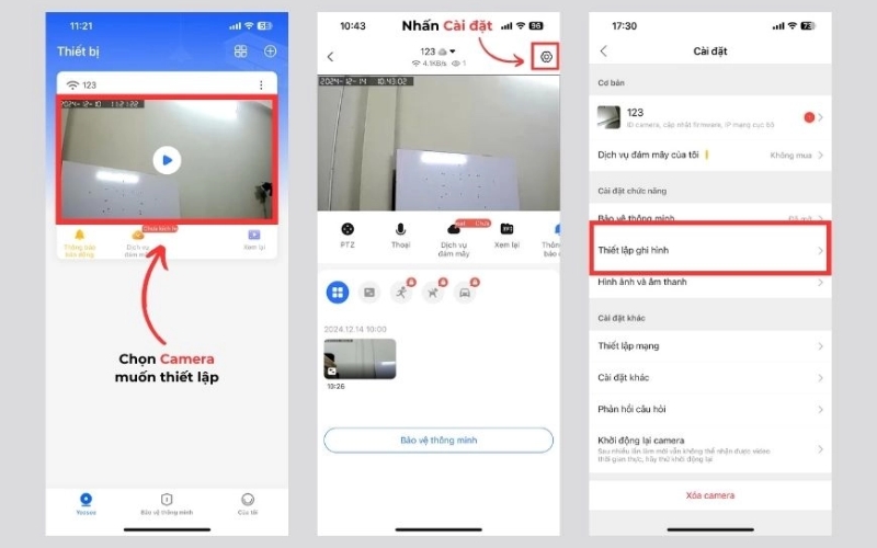 Chọn mục Thiết lập ghi hình